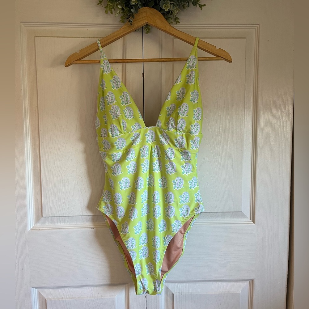 SZ Blockprints x J. Crew neon green and paisley print one piece swimsuit